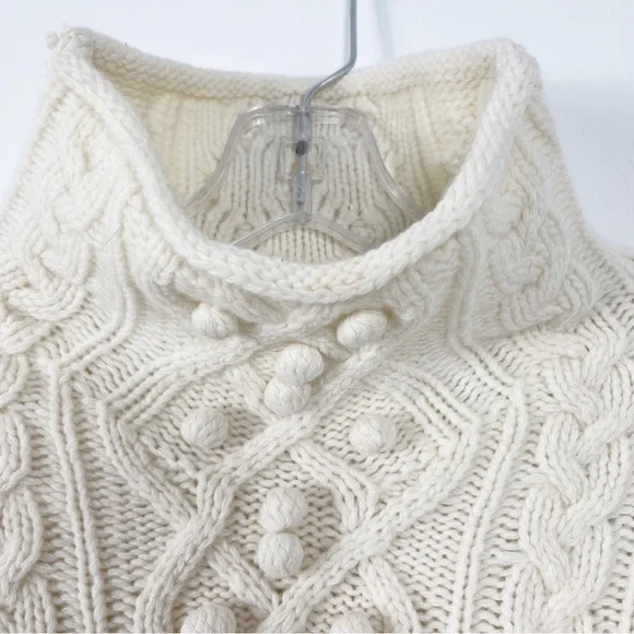 Theory Wool Cashmere Mixed Cable Knit Pom Pom Sweater Size Small NWT Ivory